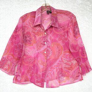 SERENADE New York Sheer Top Button Up Pink Paisley Bell Sleeve Womens XL